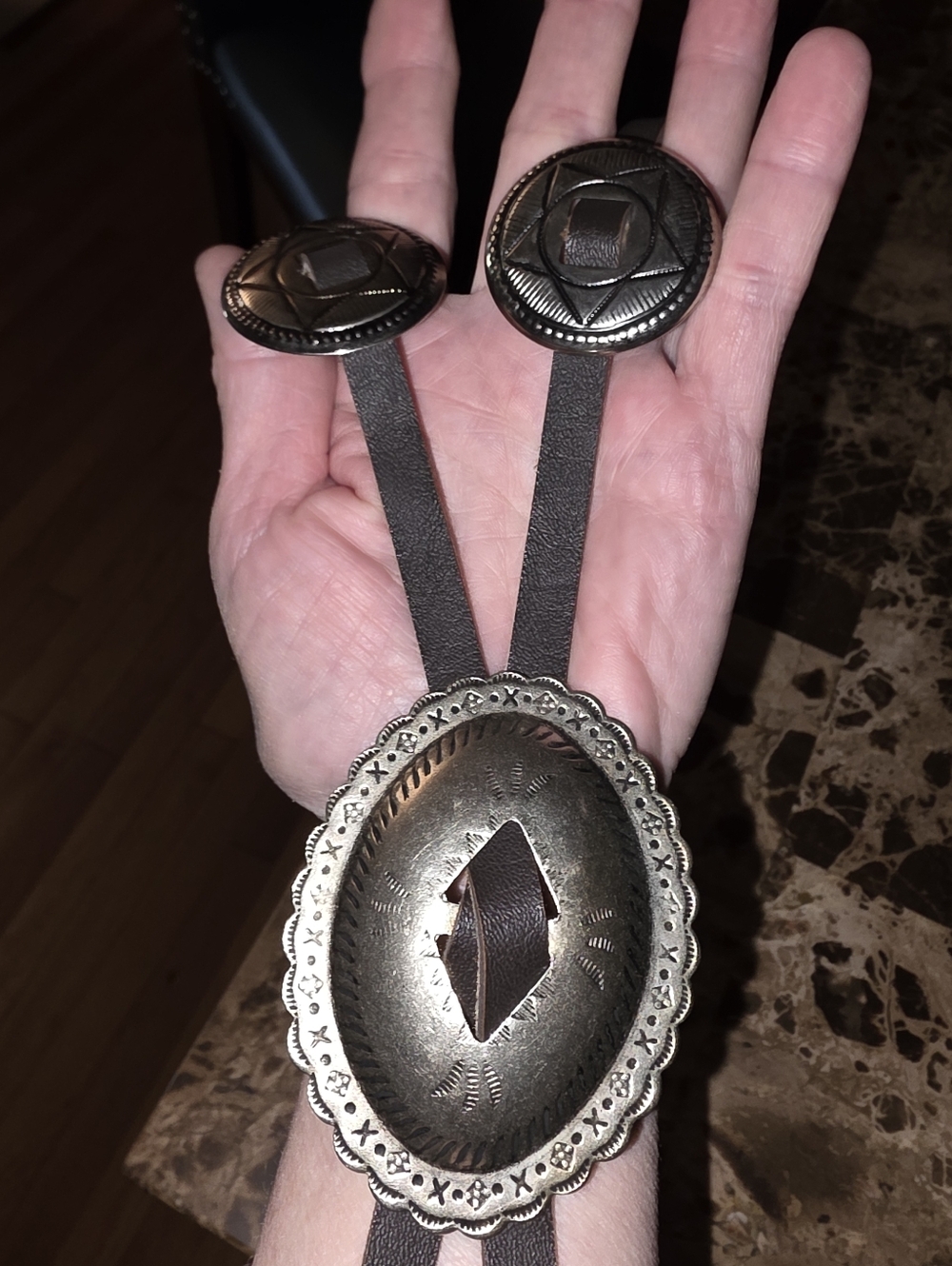 Vintage LEATHER Men's Black Leather Bolo Tie with Decorative Metal Conchos